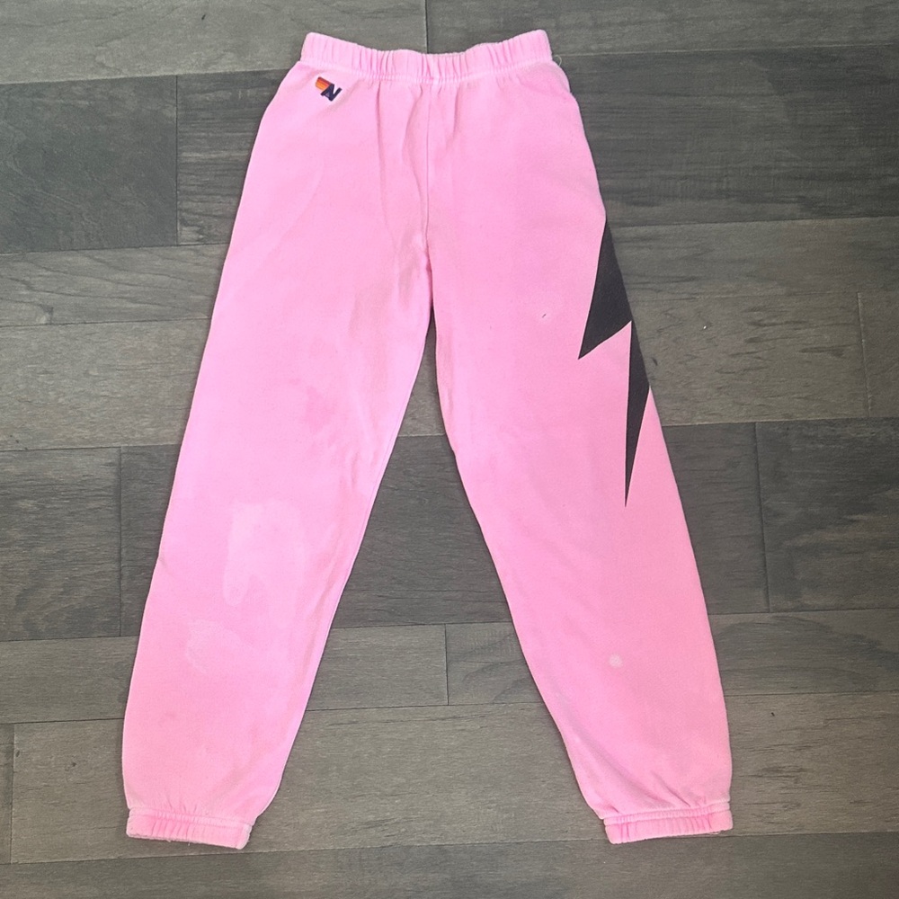 Aviator Nation Kids Pink Joggers with Black Lightning Bolt